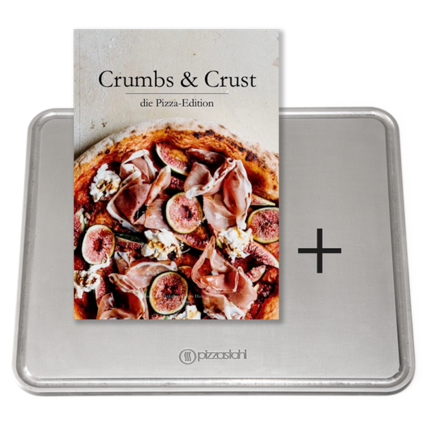 Set mit GOURMETRICS Pizzastahl rechteckig und Crumbs & Crust Pizza Magazin