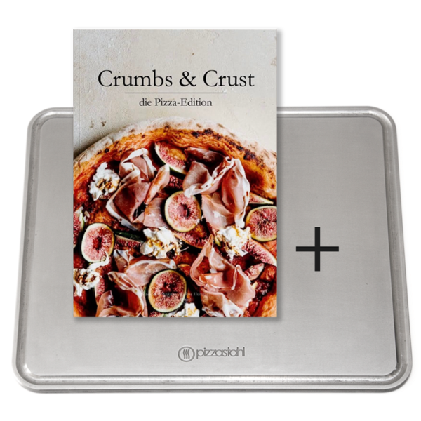 Set mit GOURMETRICS Pizzastahl rechteckig und Crumbs & Crust Pizza Magazin